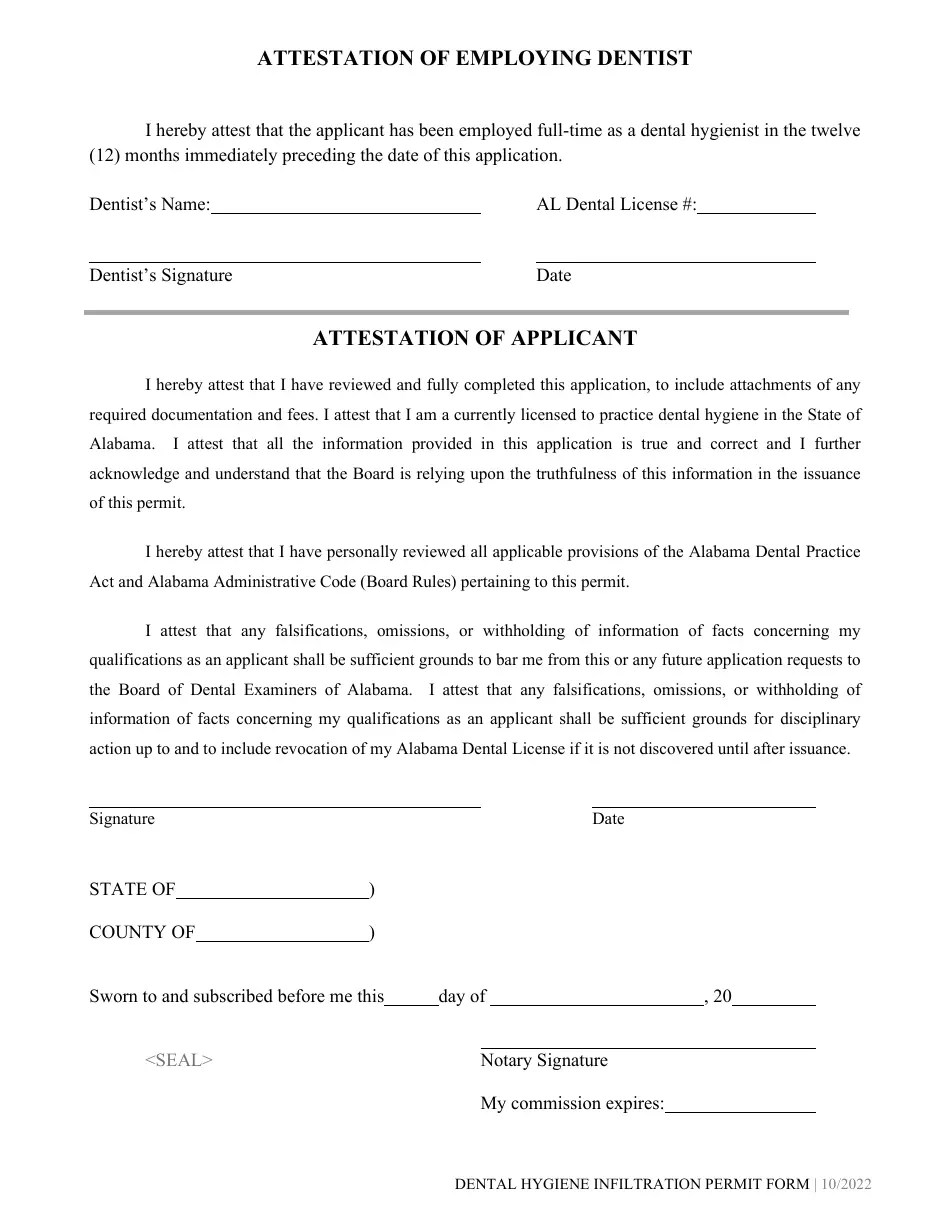 Alabama Dental Hygiene Infiltration Anesthesia Permit Application