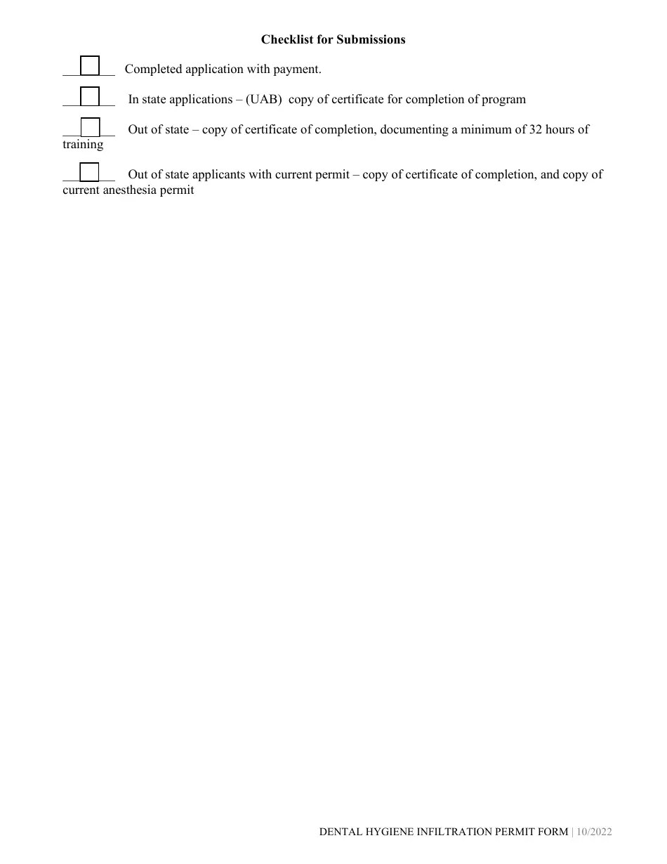 Alabama Dental Hygiene Infiltration Anesthesia Permit Application