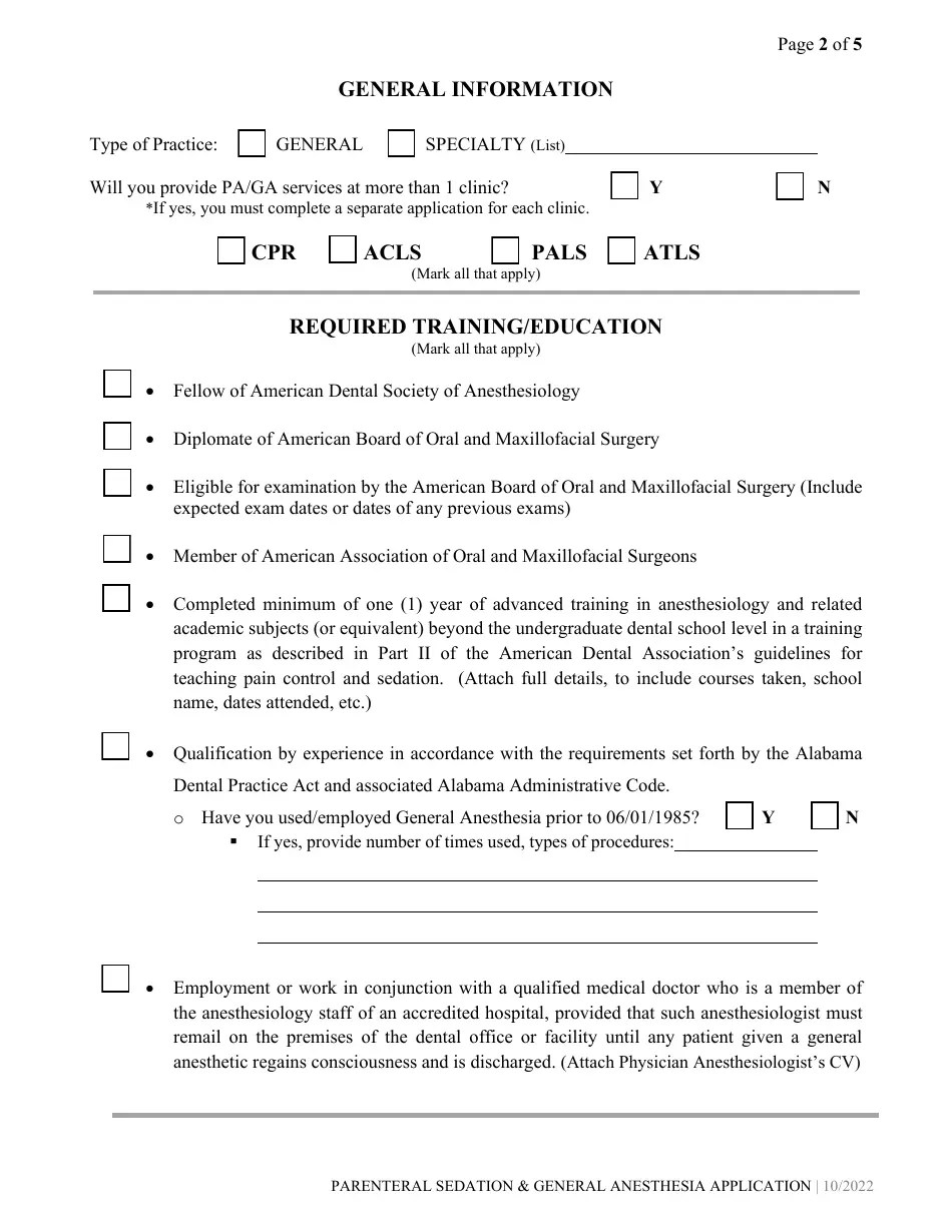 Alabama Parenteral Sedation/General Anesthesia Permit Application