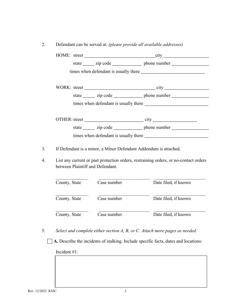 Kansas Petition for Protection From Stalking, Sexual Assault, or Human Trafficking Order Fill