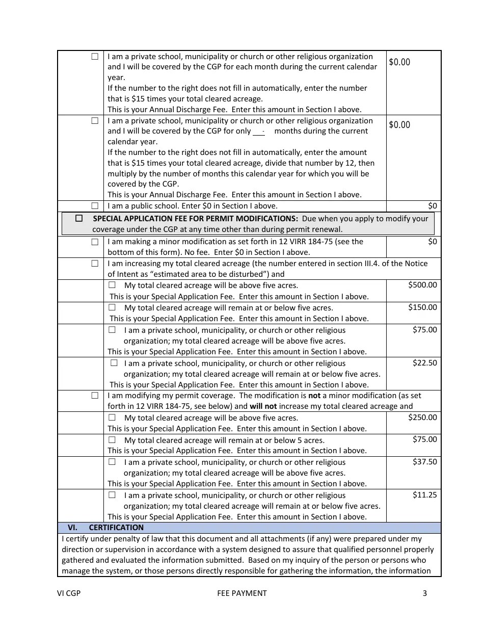 Virgin Islands Application Fees and Annual Discharge Fees for