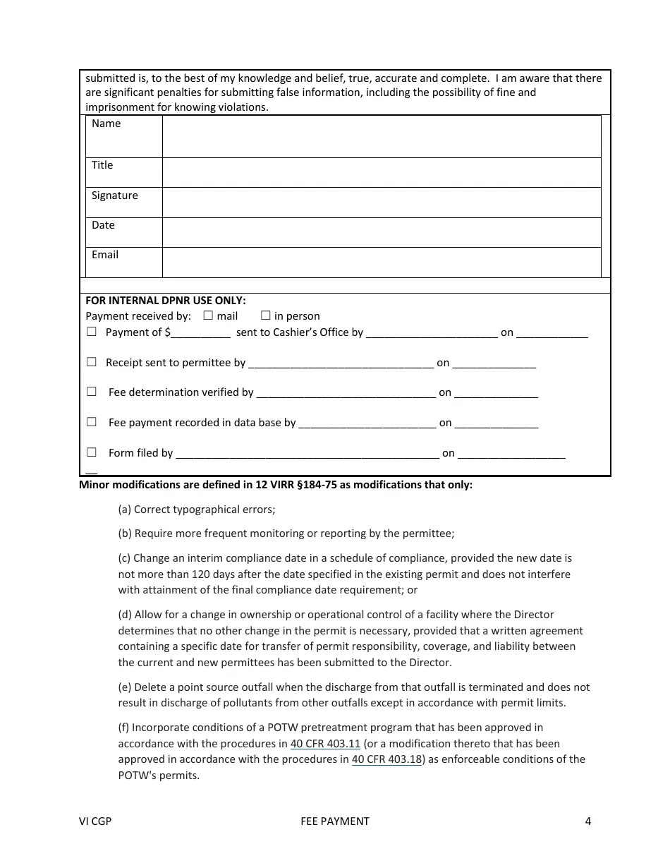 Virgin Islands Application Fees and Annual Discharge Fees for