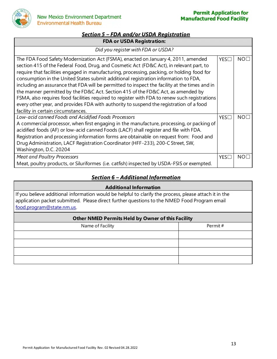 New Mexico Permit Application for Manufactured Food Facility Fill Out