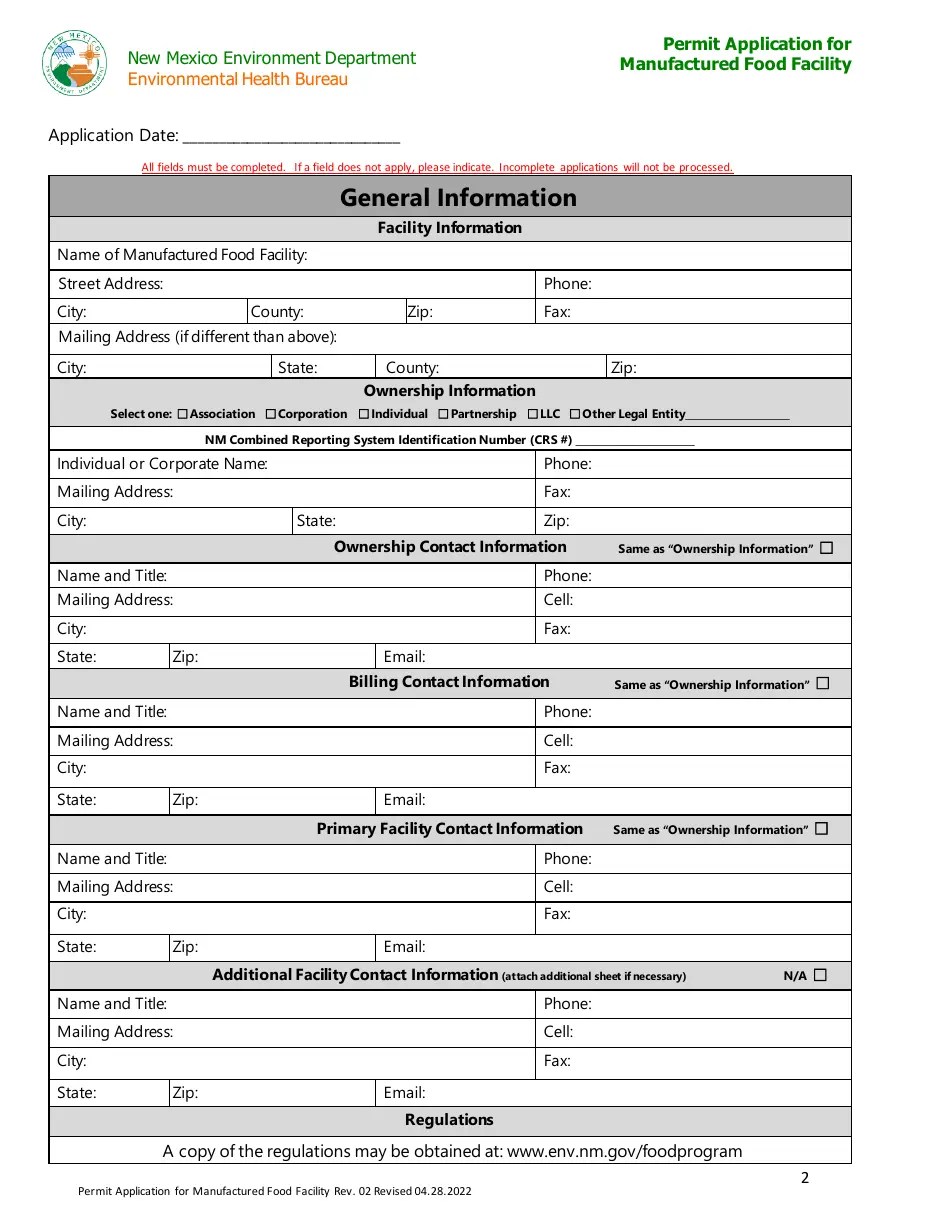 New Mexico Permit Application for Manufactured Food Facility Fill Out