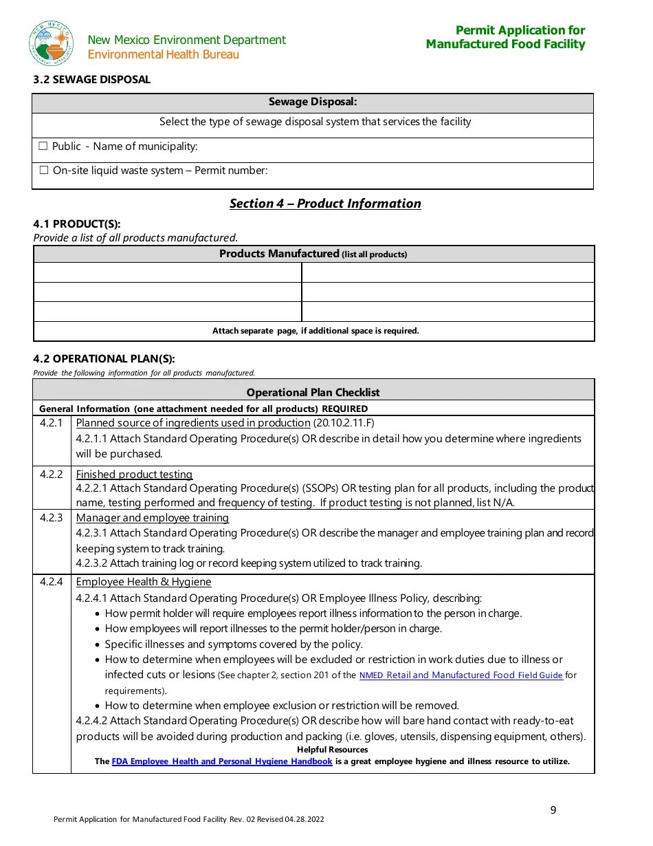 New Mexico Permit Application for Manufactured Food Facility Fill Out