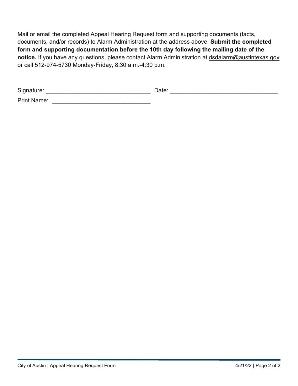 City of Austin, Texas Appeal Hearing Request Form Fill Out, Sign