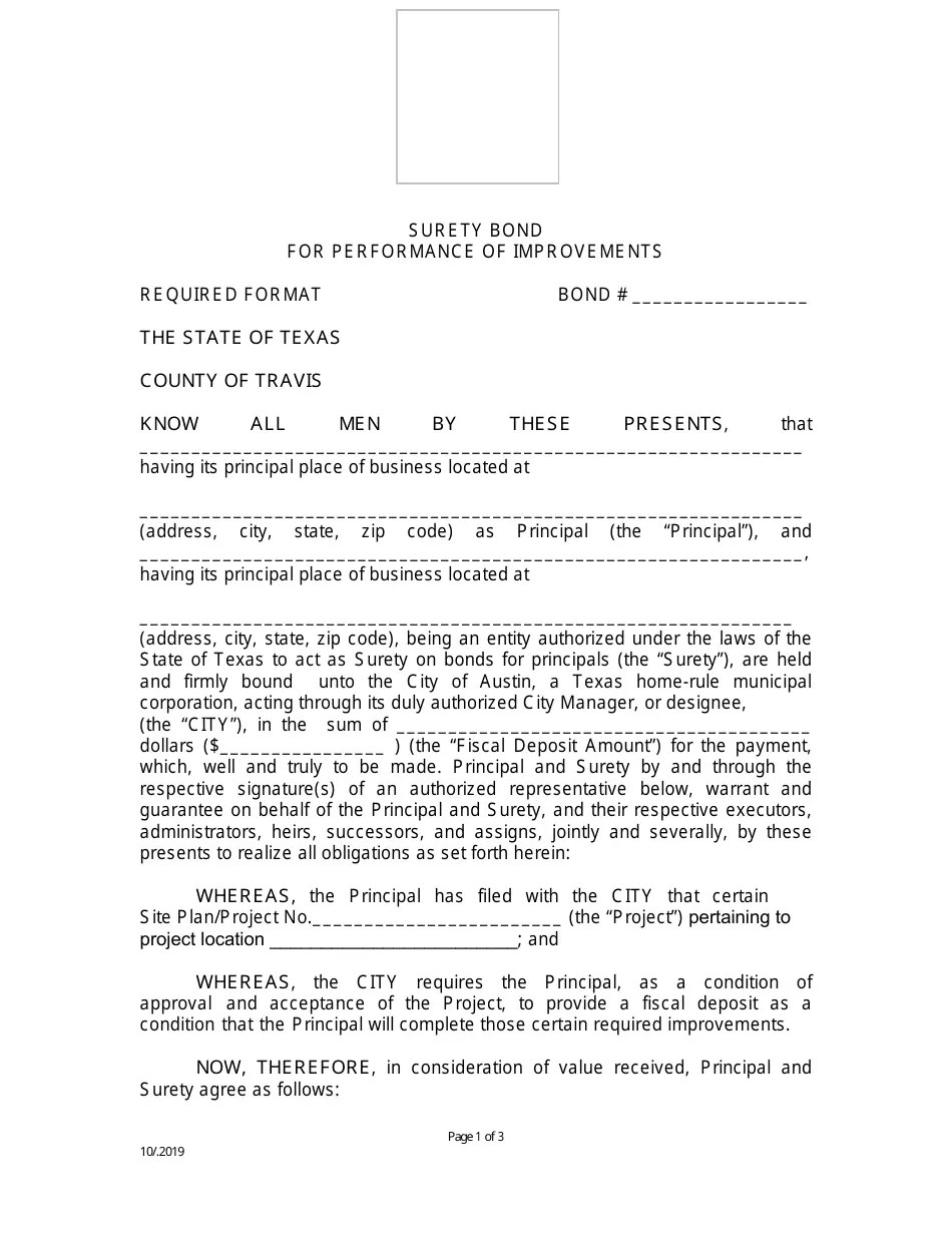 City of Austin, Texas Surety Bond for Performance of Improvements