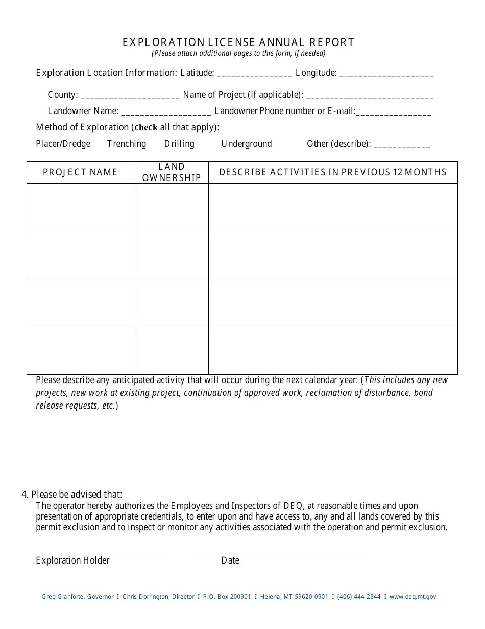 2023 Montana Exploration License Annual Report and Renewal Form Fill
