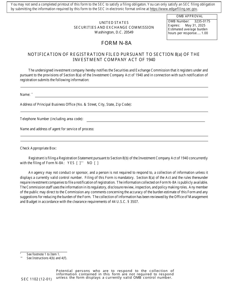 Form N8A (SEC Form N1102) Fill Out, Sign Online and Download
