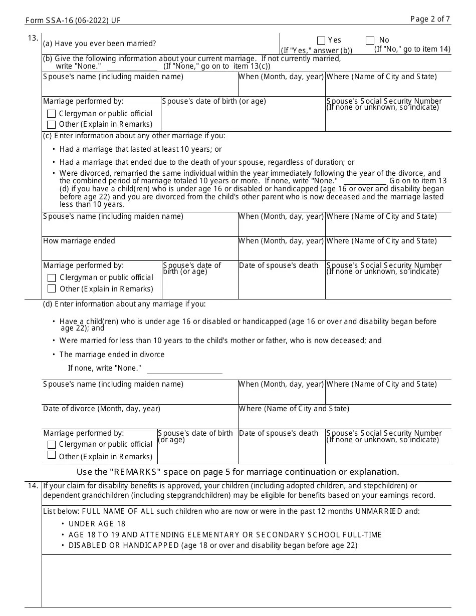 Form SSA-16 Download Fillable PDF or Fill Online Application for