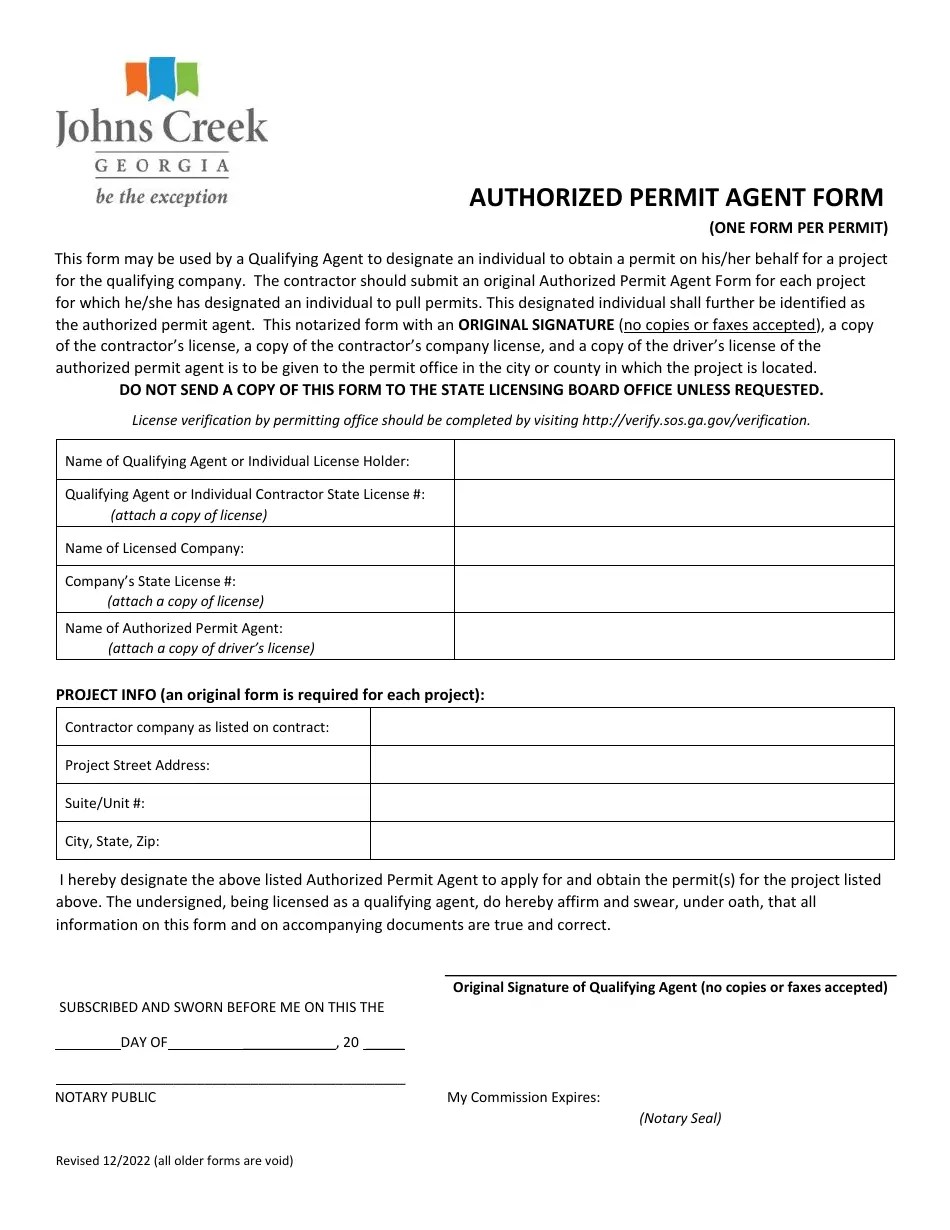 City of Johns Creek, (United States) Authorized Permit Agent