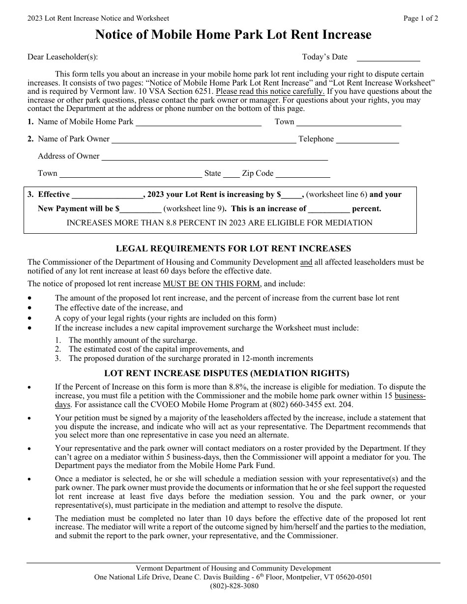 2023 Vermont Notice of Mobile Home Park Lot Rent Increase Fill Out