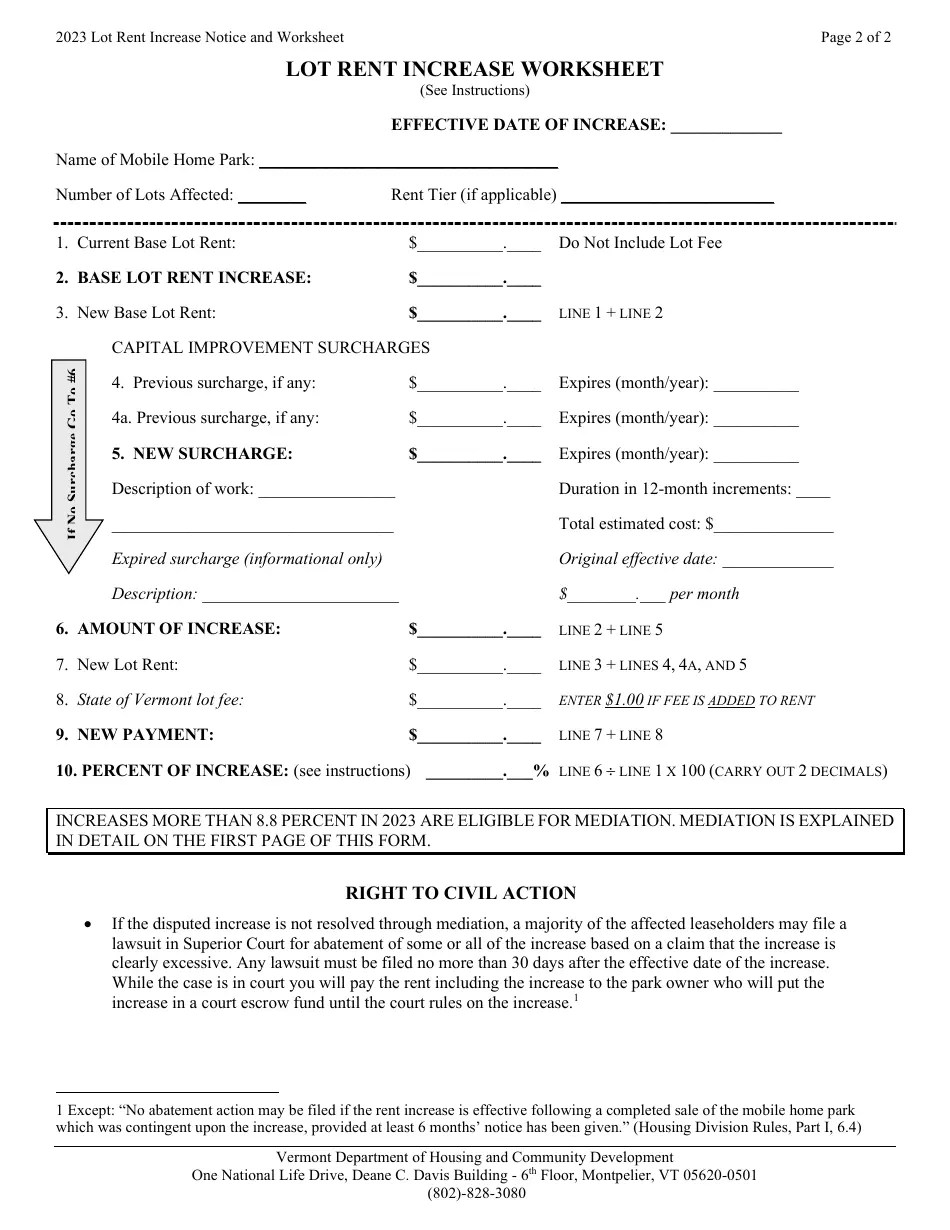 2023 Vermont Notice of Mobile Home Park Lot Rent Increase Fill Out