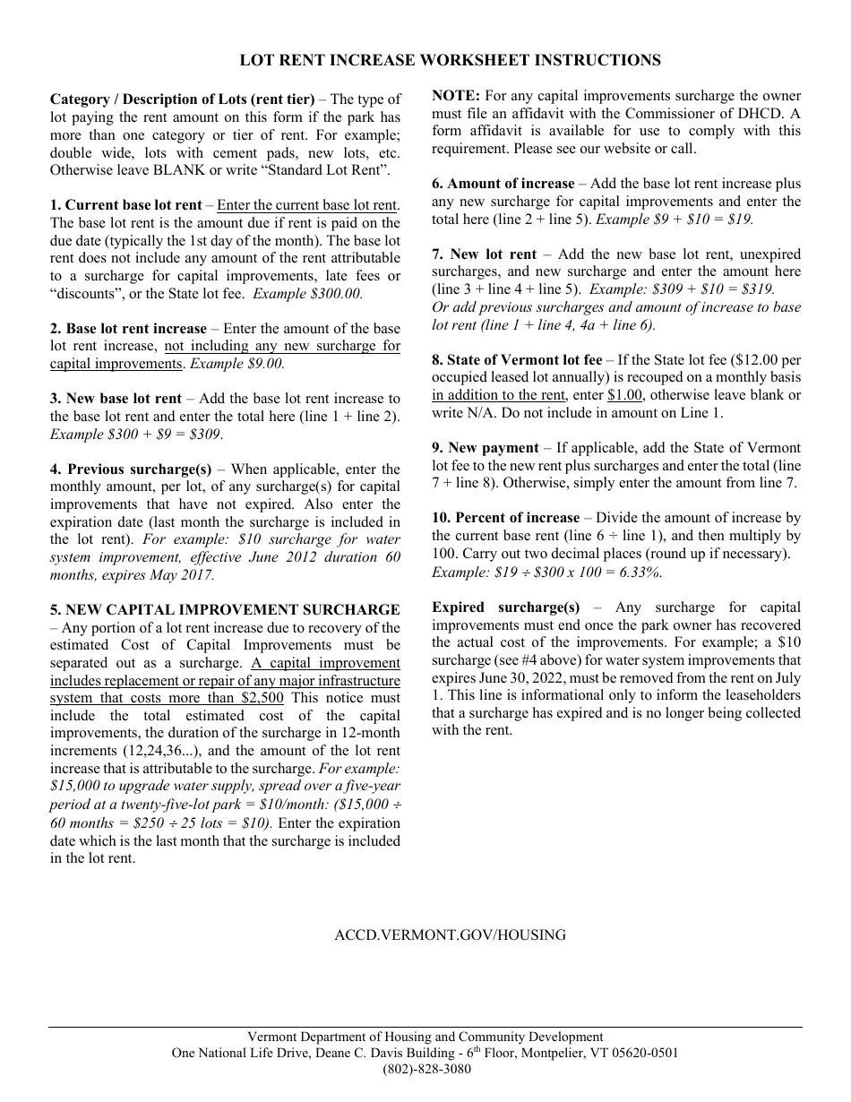 2023 Vermont Notice of Mobile Home Park Lot Rent Increase Fill Out