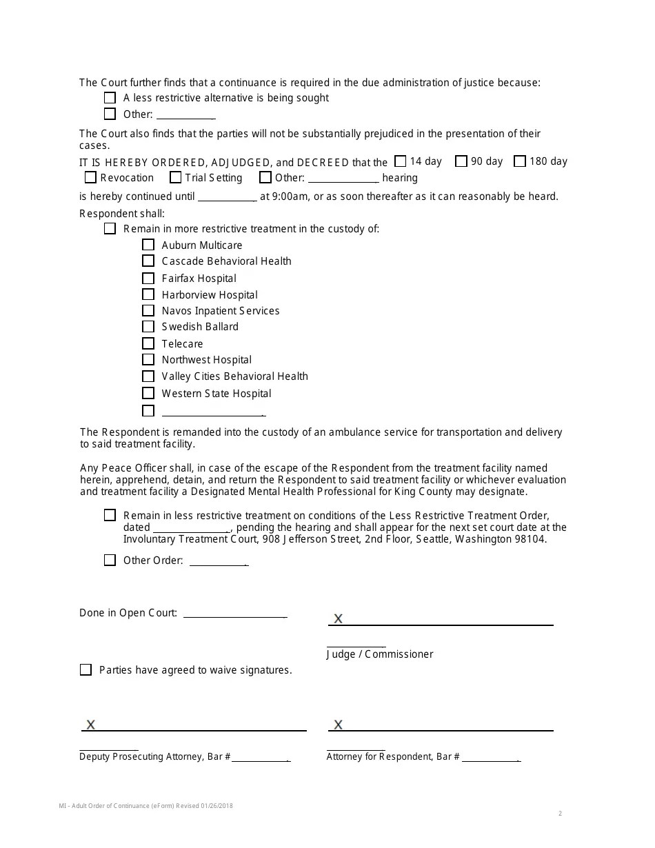 King County, Washington Adult Order of Continuance Download Printable