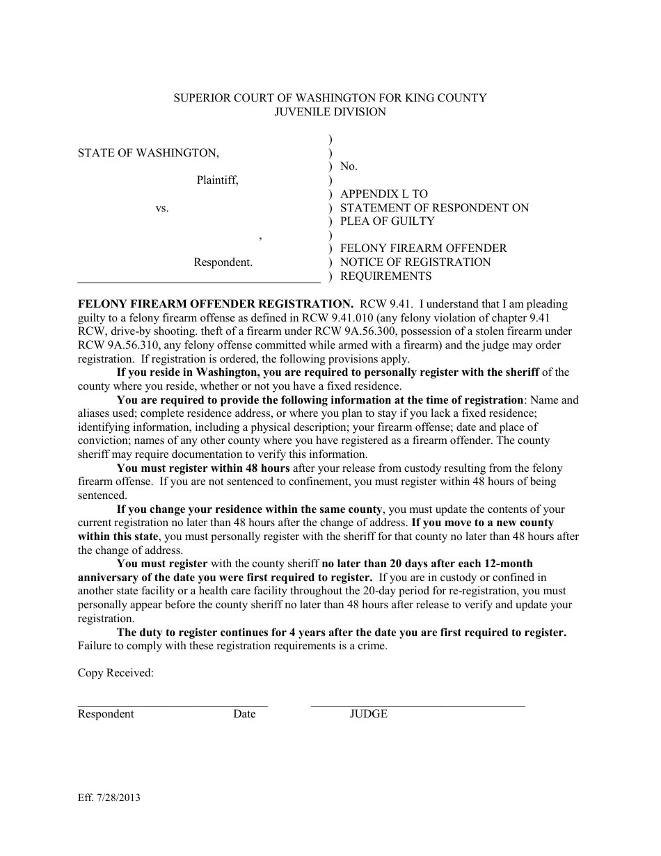 King County, Washington Felony Firearm Offender Notice of Registration