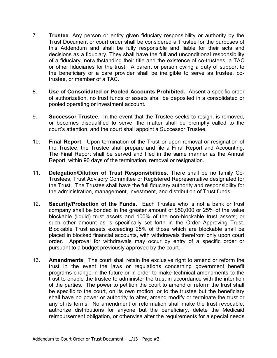 King County, Washington Addendum to Court Order and Trust Document