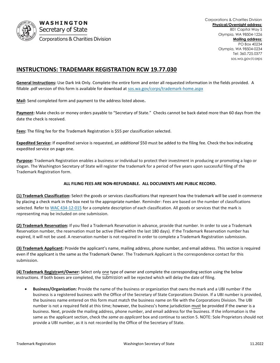 Washington Trademark Registration Download Fillable PDF Templateroller