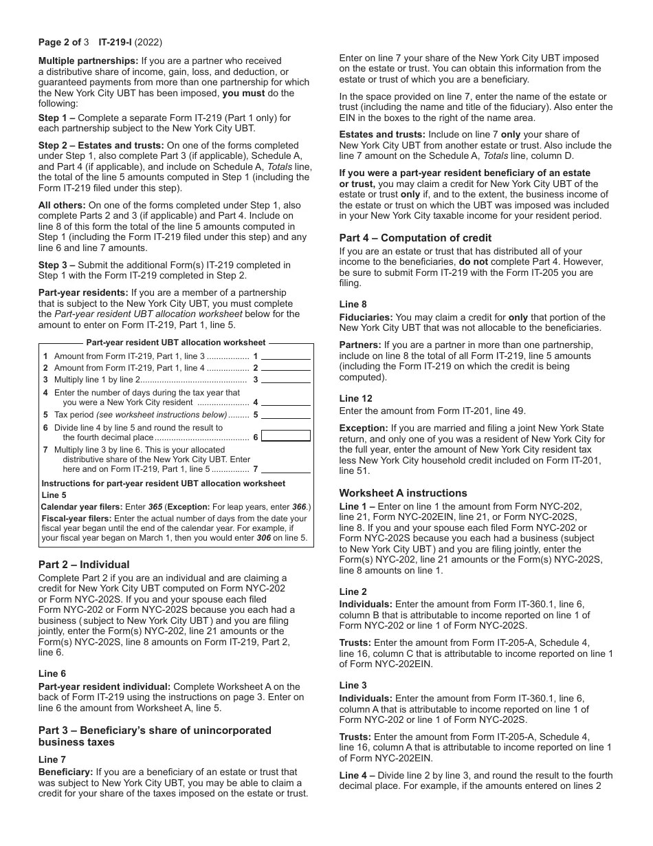 Download Instructions for Form IT219 Credit for New York City