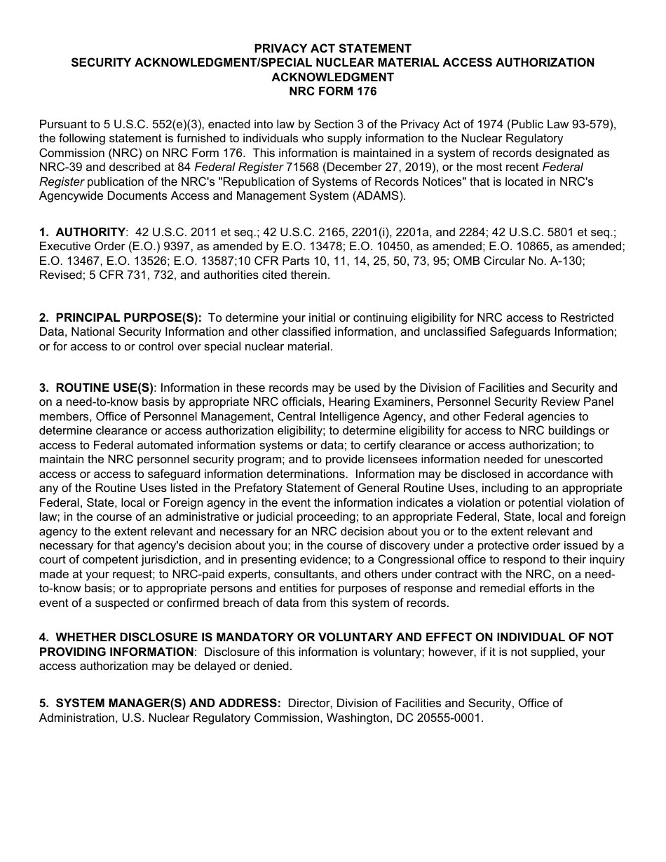 NRC Form 176 Download Fillable PDF or Fill Online Security Acknowledgment Templateroller