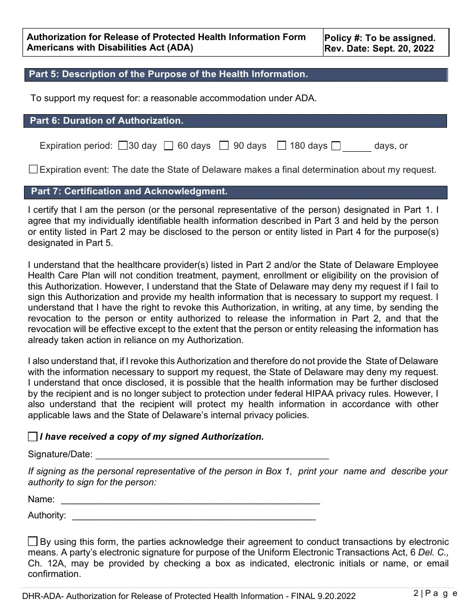 Delaware Authorization for Release of Protected Health Information Form