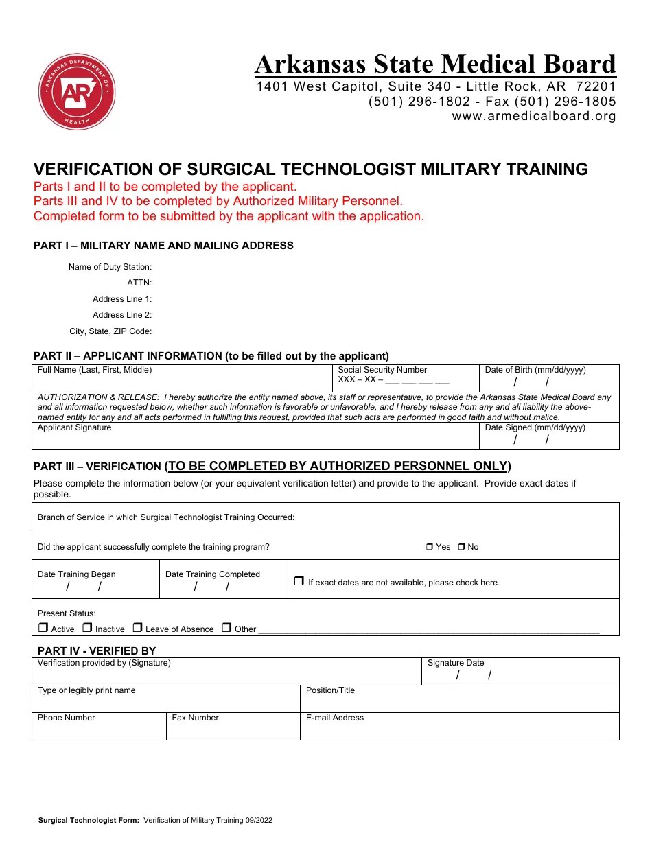 Arkansas Application for Surgical Technologist Registration Fill Out