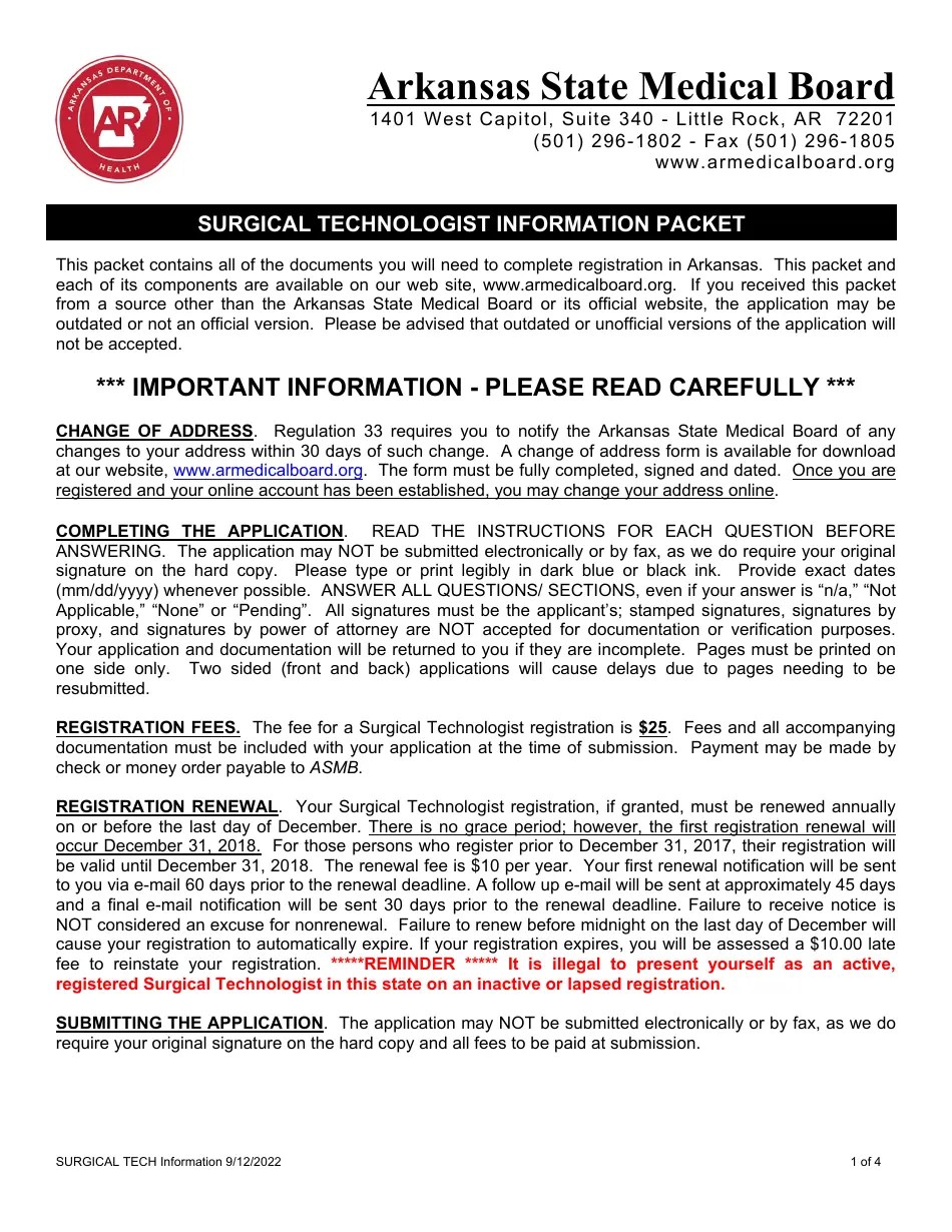 Arkansas Application for Surgical Technologist Registration Fill Out