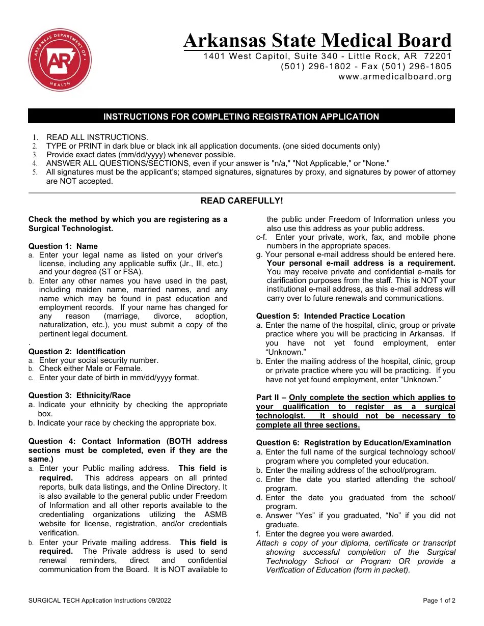 Arkansas Application for Surgical Technologist Registration Fill Out