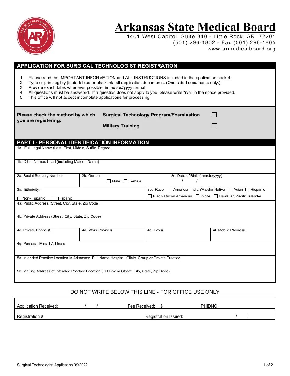 Arkansas Application for Surgical Technologist Registration Fill Out