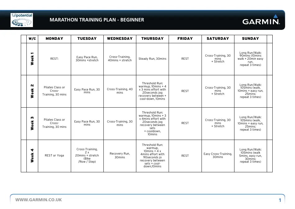 Marathon Training Plan Schedule for Beginners Fullpotential, Garmin