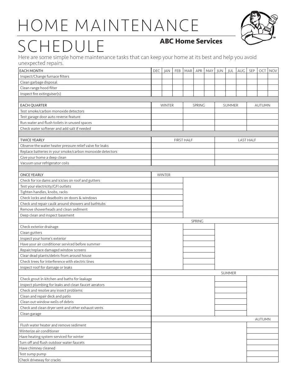 Home Maintenance Schedule Template Abc Home Services Download