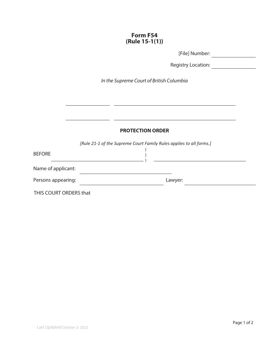 Form F54 Download Fillable PDF or Fill Online Protection Order, British