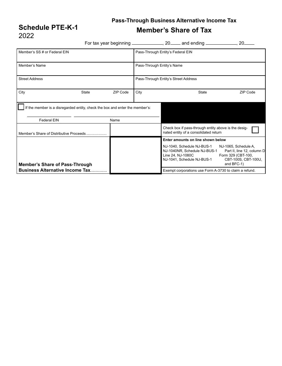 2022 New Jersey Member's Share of Tax PassThrough Business