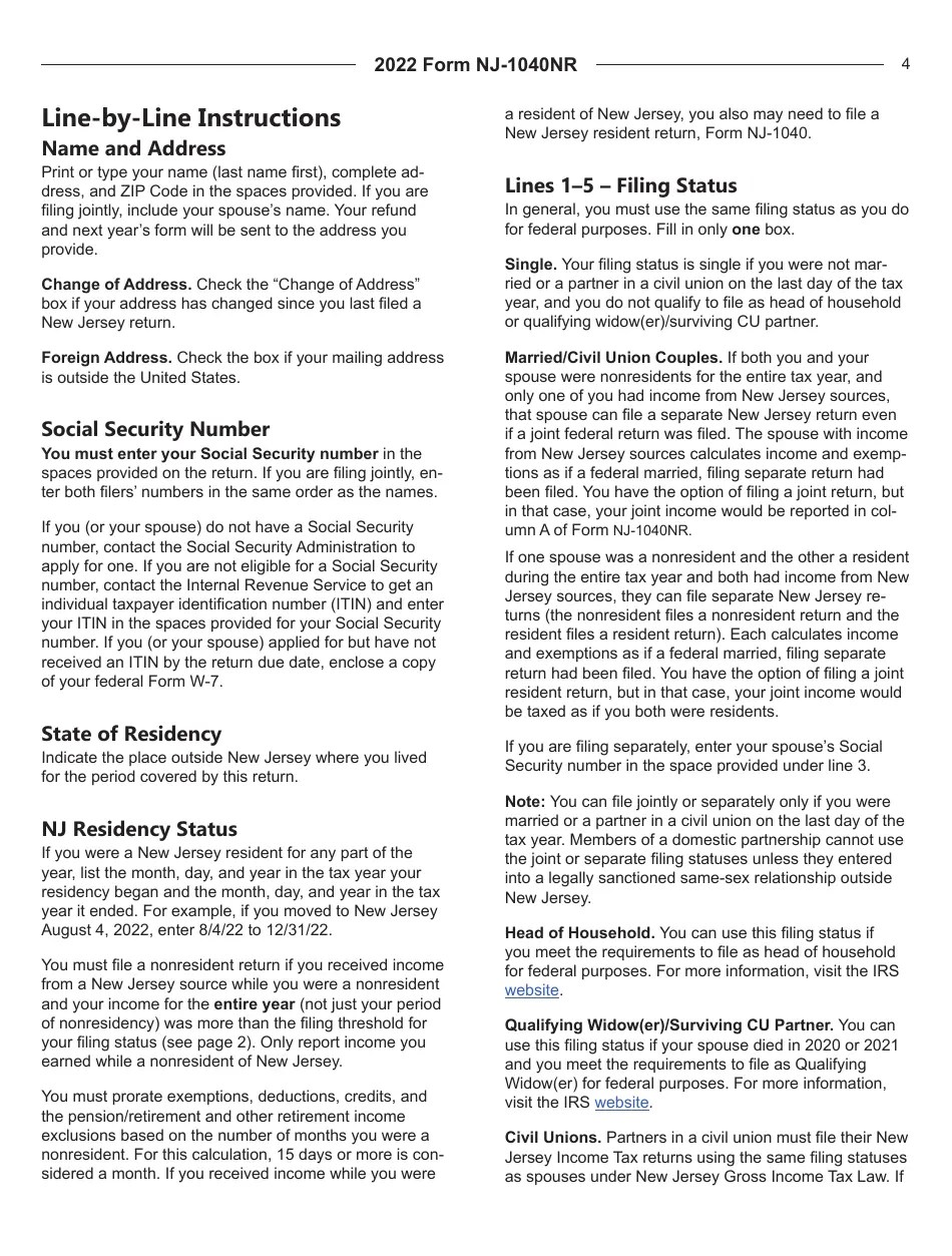 Download Instructions for Form NJ1040NR New Jersey Nonresident