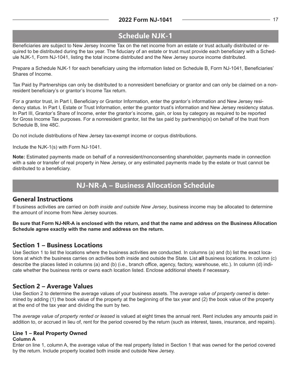Download Instructions for Form NJ1041 New Jersey Tax Fiduciary