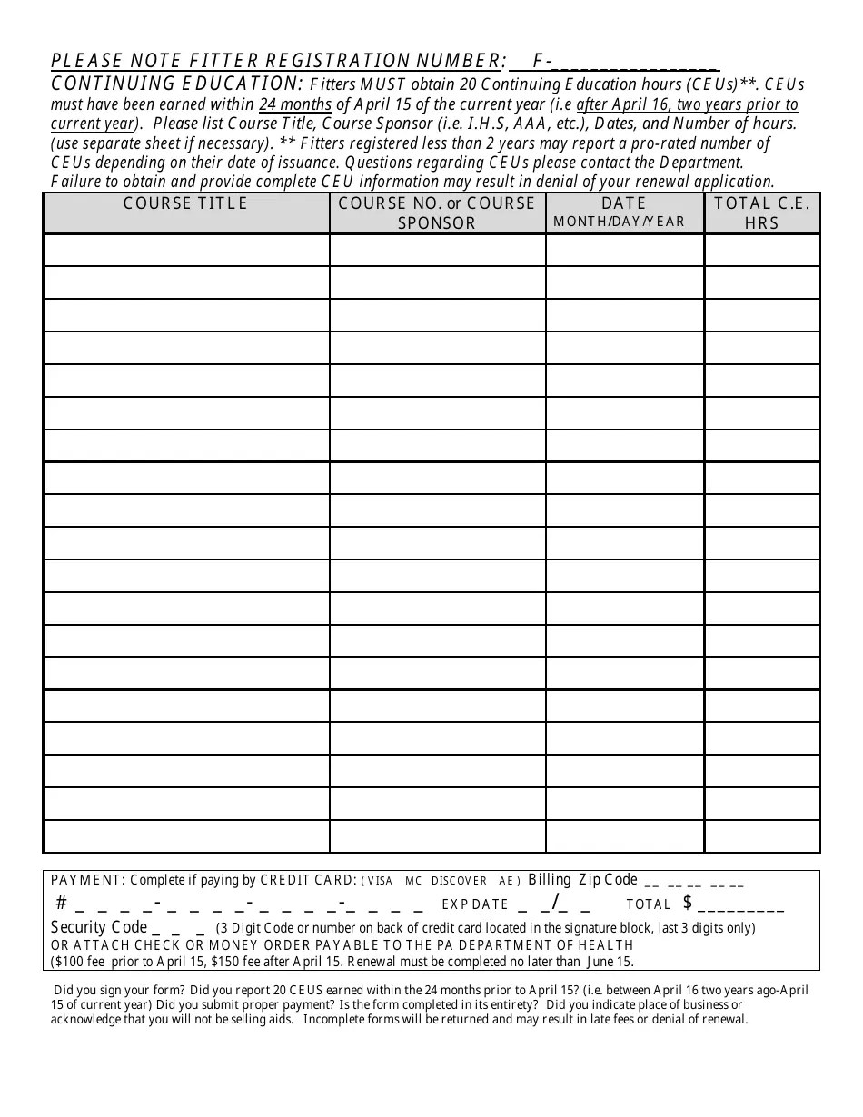 Pennsylvania Fitter Registration Renewal Download Printable PDF