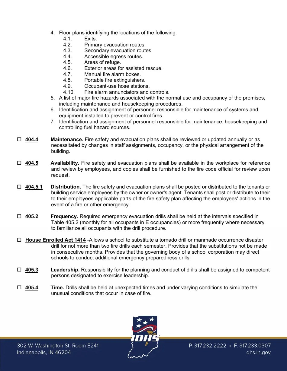 Indiana Fire Safety and Evacuation Plans Review Sheet Group E