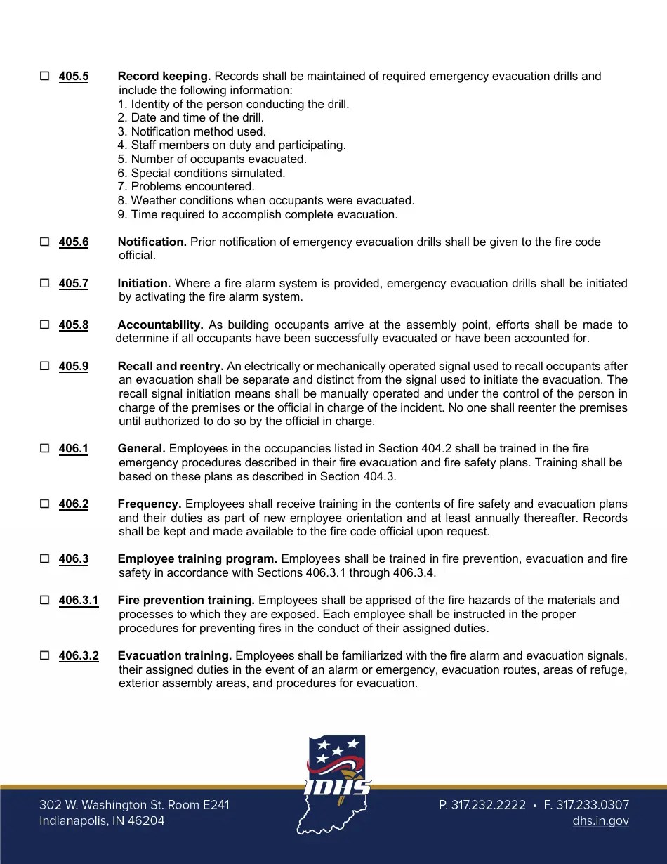 Indiana Fire Safety and Evacuation Plans Review Sheet Group E