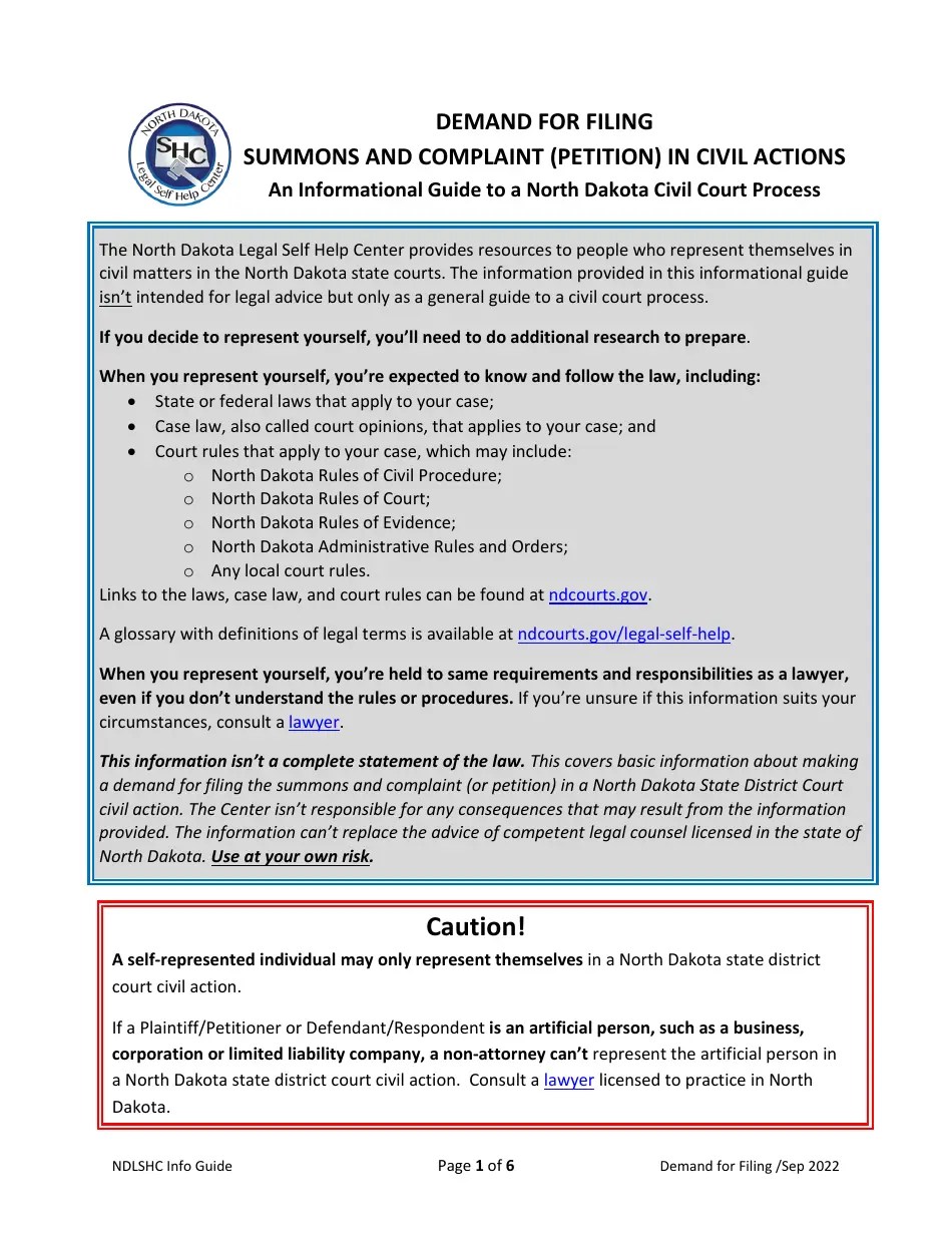 North Dakota Demand for Filing Fill Out, Sign Online and Download PDF
