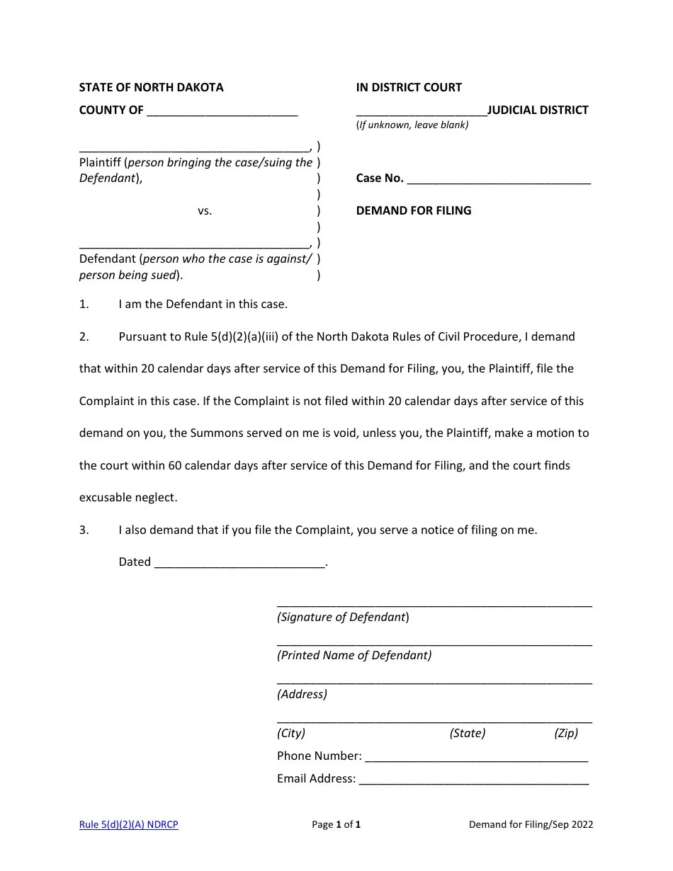 North Dakota Demand for Filing Fill Out, Sign Online and Download PDF
