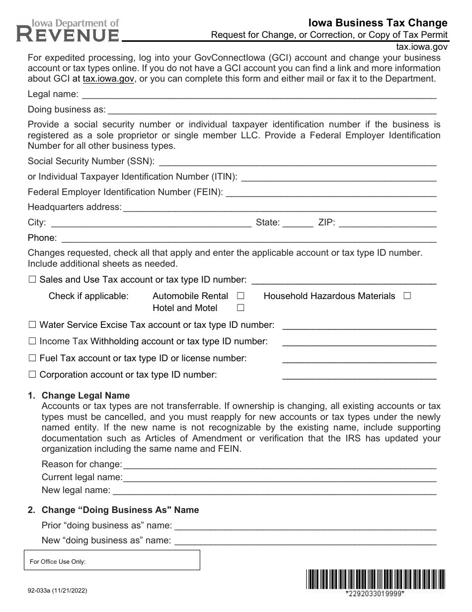 Form 92033 Download Fillable PDF or Fill Online Iowa Business Tax