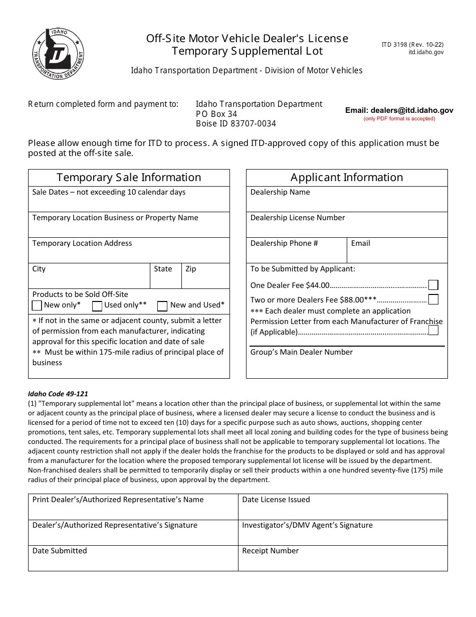 Form ITD3198 Fill Out, Sign Online and Download Fillable PDF, Idaho