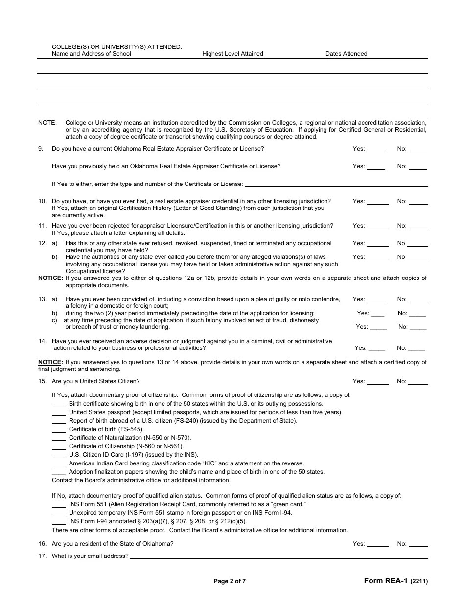 Form REA1 Fill Out, Sign Online and Download Printable PDF, Oklahoma