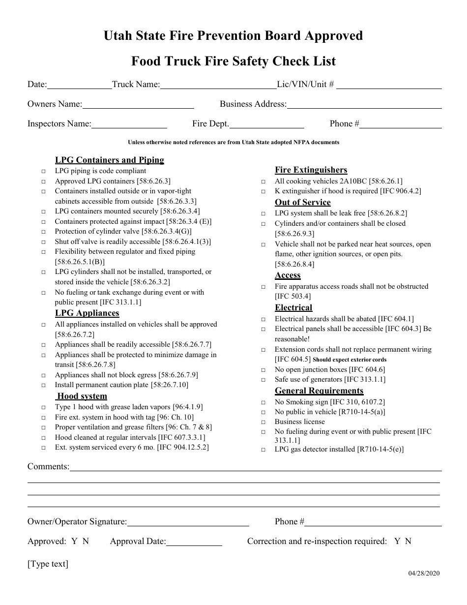 Utah Food Truck Fire Safety Check List Fill Out, Sign Online and