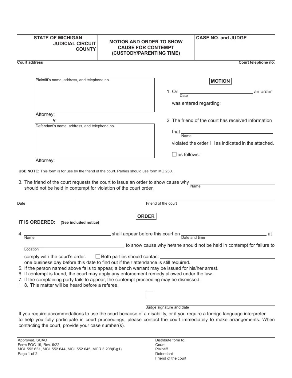 Form FOC19 Download Fillable PDF or Fill Online Motion and Order to Show Cause for Contempt