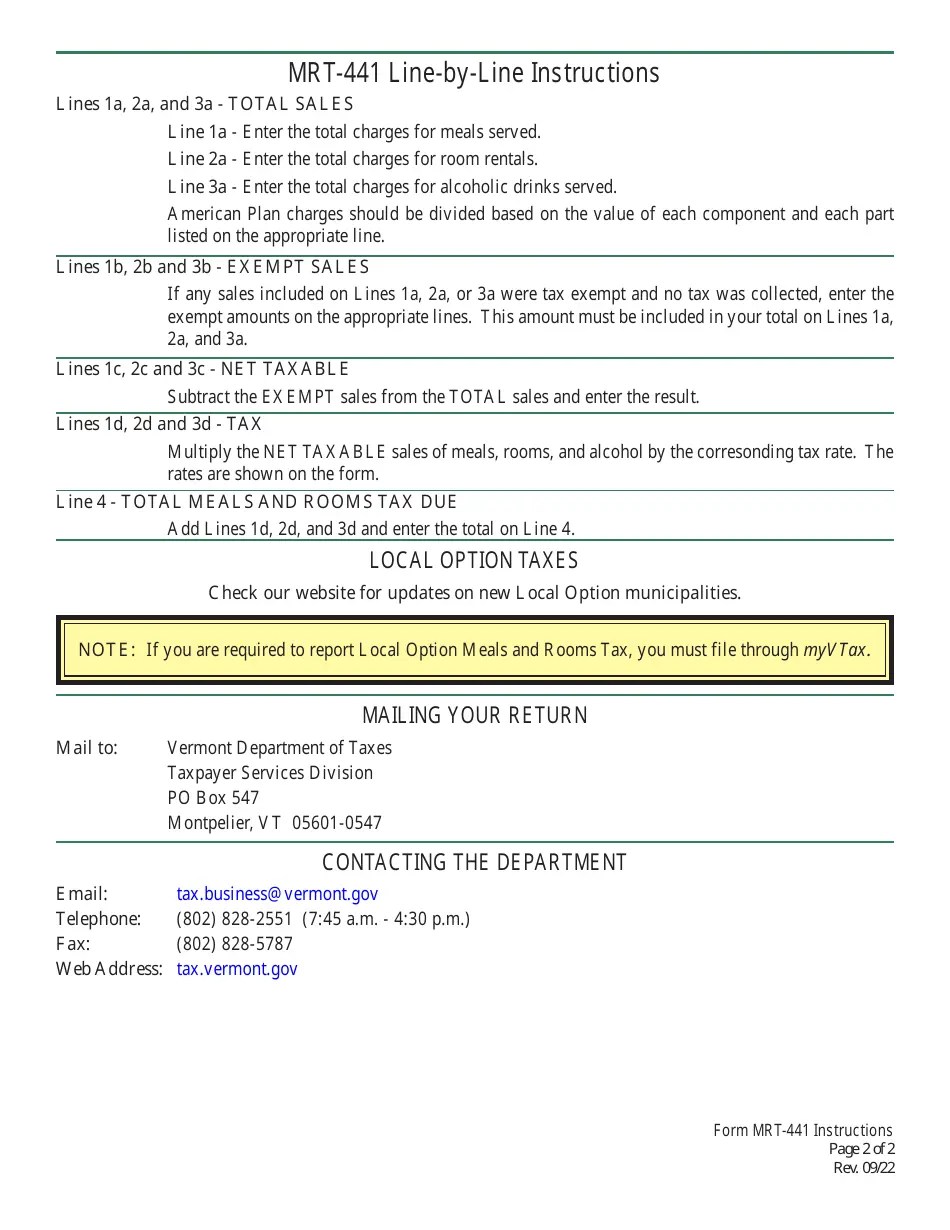 Download Instructions for Form MRT441 Meals and Rooms Tax Return PDF Templateroller