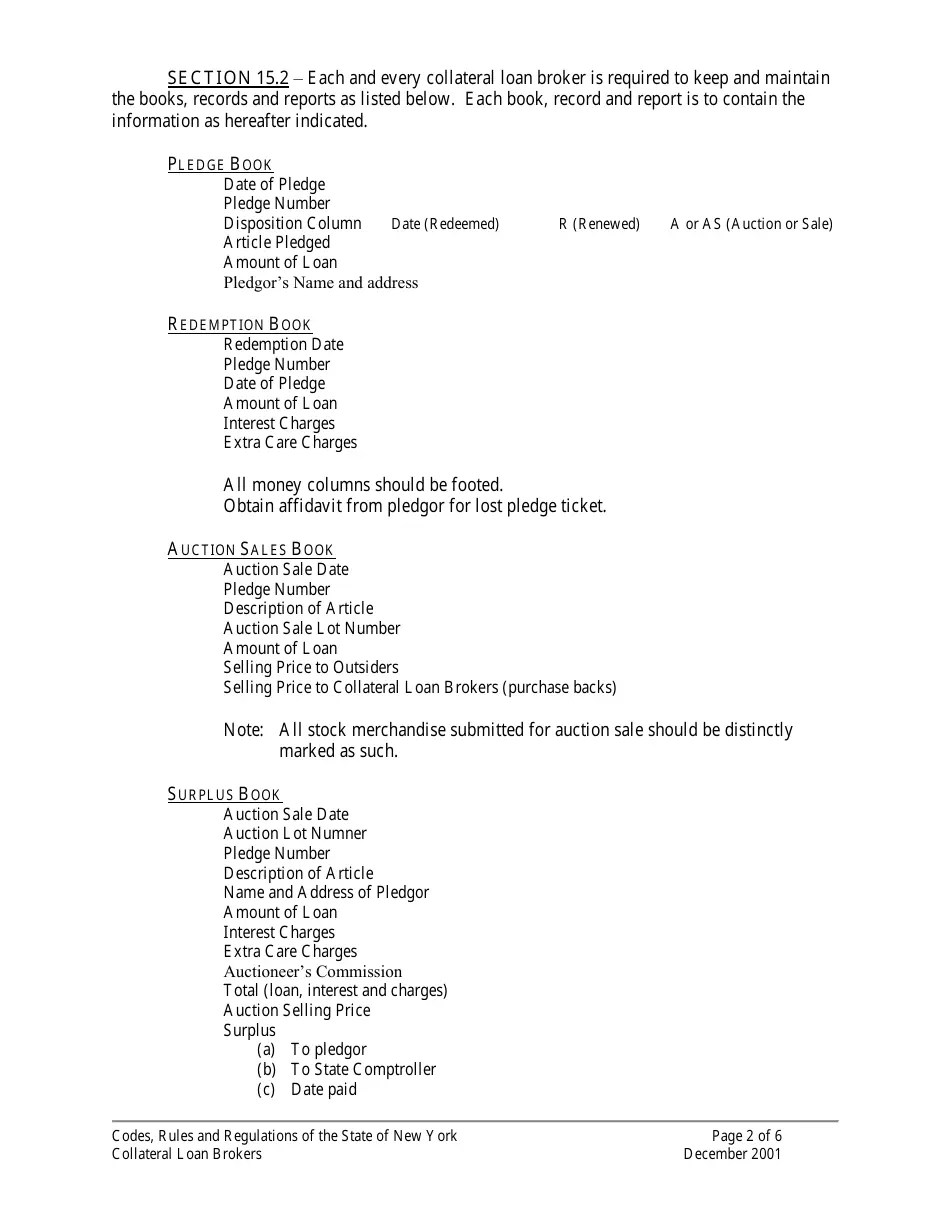 New York Collateral Loan Brokers Codes, Rules and Regulations Fill