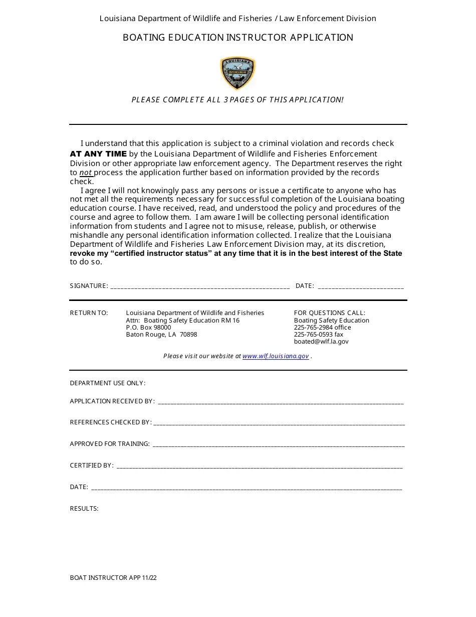 Louisiana Boating Education Instructor Application Fill Out, Sign