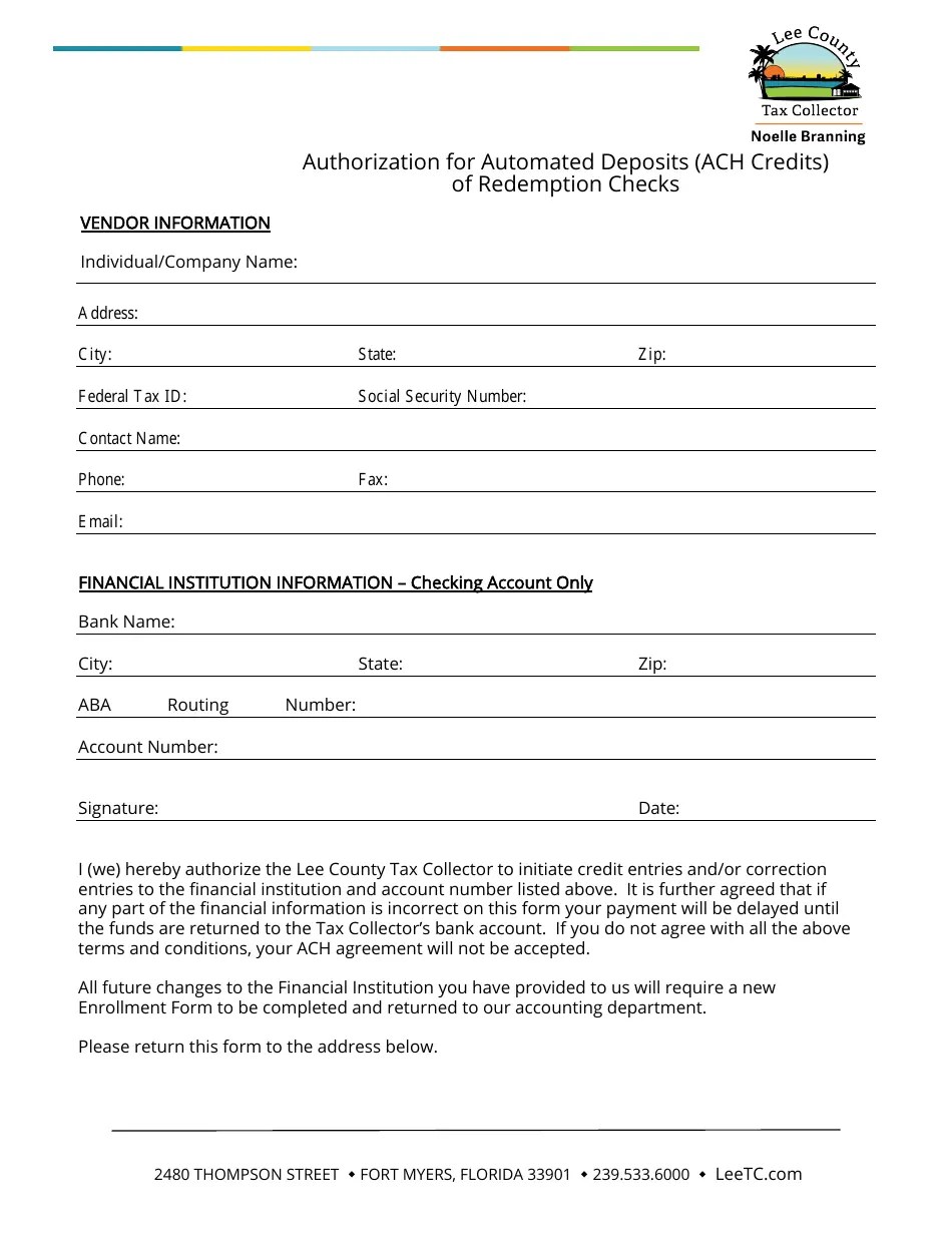 Lee County, Florida Authorization for Automated Deposits (ACH Credits