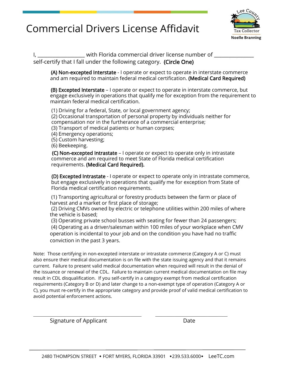 Lee County, Florida Commercial Drivers License Affidavit Fill Out
